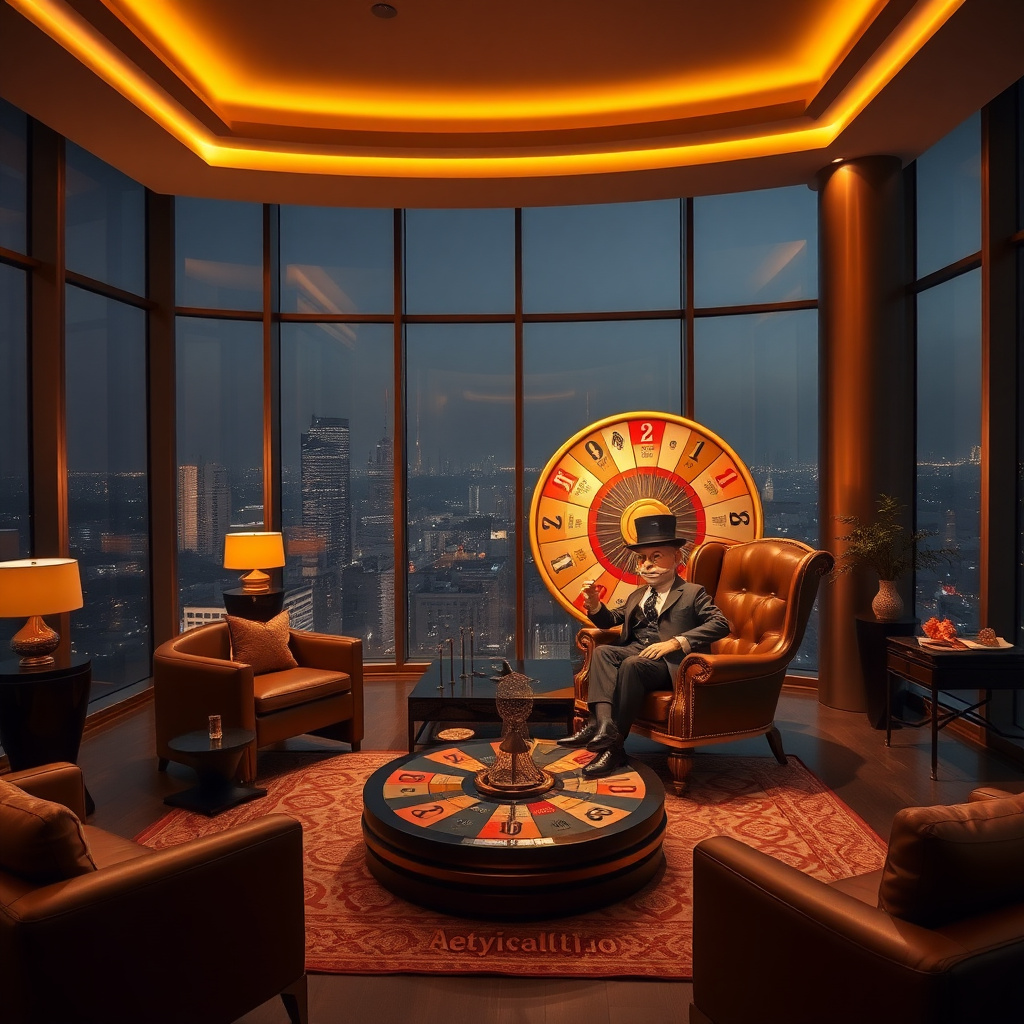 Luxury penthouse interior in Bengaluru overlooking the modern city skyline at night, floor-to-ceiling windows, a giant 3D Monopoly money wheel spinning in the background, elegant Indian modern furniture, Mr. Monopoly sitting in a gold-trimmed leather chai